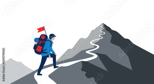 A lone hiker ascends a winding mountain path towards a peak, carrying a backpack and a small flag.