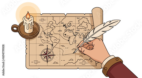 Hand charting a course on an antique world map by candlelight.