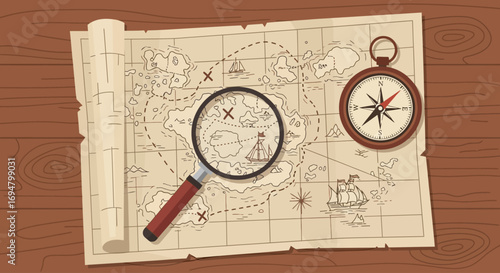 Antique treasure map with compass and magnifying glass, revealing hidden location.