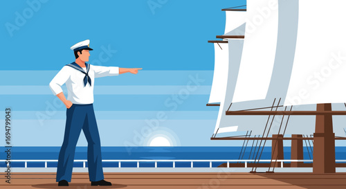 Sailor directing a large sailing ship on a sunny ocean deck.