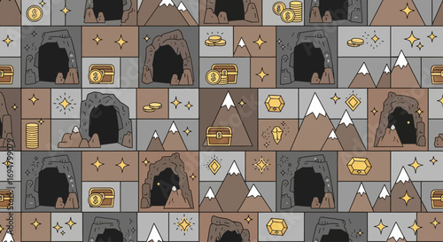 Stylized repeating pattern of treasure caves, mountains, and gold coins.