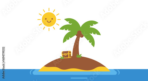 Cartoon illustration of a sunny island with a palm tree and treasure chest.