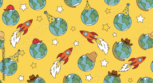 Whimsical pattern featuring Earth globes adorned with hats, rockets, and stars on a yellow background.