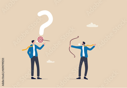 Ask good question, communicate to solve problem, smart question to get best answer, knowledge or learning concept, curios businessman asking good question with target for other to shoot answer.