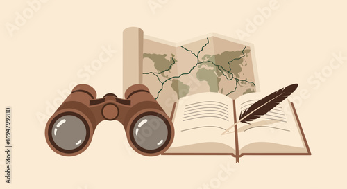 A vintage exploration and travel concept with binoculars, a world map, and a journal with a quill pen.
