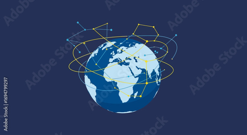 Planet Earth is encircled by a digital network of interconnected nodes, symbolizing global communication and technology.