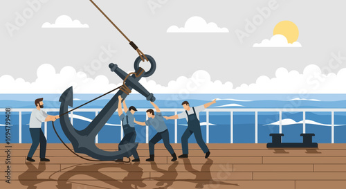 A group of men work together to lift a large anchor on the deck of a ship, with the ocean and sky visible in the background.
