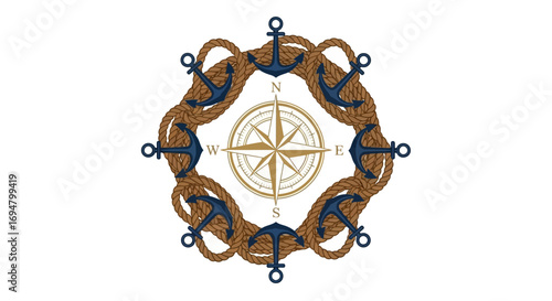 A circular nautical emblem featuring a compass rose at its center, surrounded by a decorative arrangement of anchors and thick rope, symbolizing maritime direction and exploration.