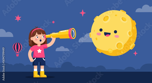 A young girl looks through a telescope at a smiling moon in a whimsical night scene with stars and hot air balloons.