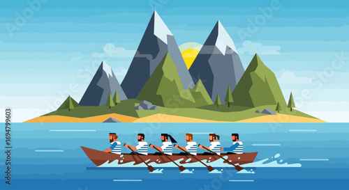 A team of rowers in a boat glides across a calm blue ocean towards a lush green island with majestic, snow-capped mountains under a bright, sunny sky.