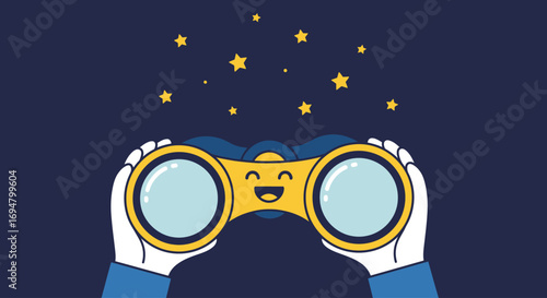 Cartoon hands holding binoculars, looking at stars in the night sky, conveying exploration and discovery.