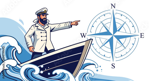 A bearded captain in a white uniform steers a boat through choppy blue waves, pointing forward with a compass rose indicating direction.