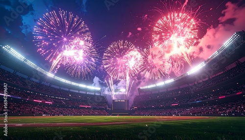 Fireworks explode over a packed stadium at night