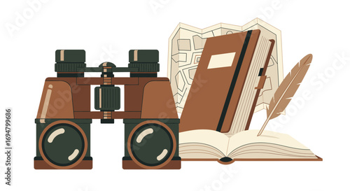Vintage binoculars, an open book, a quill pen, and a map evoke a sense of exploration, discovery, and historical research.