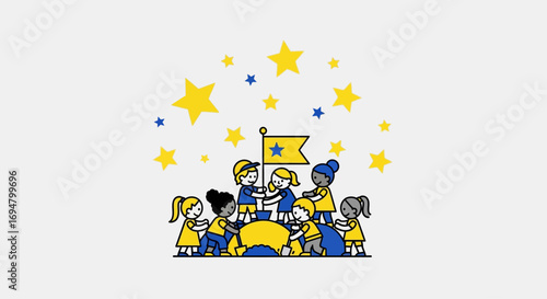 Children holding hands, supporting a flag, surrounded by stars, symbolizing unity and achievement.