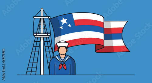Sailor stands proudly before a waving flag and ship's mast.