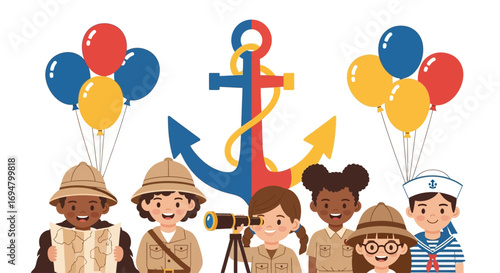 Diverse group of children celebrating nautical adventure, balloons, anchor.