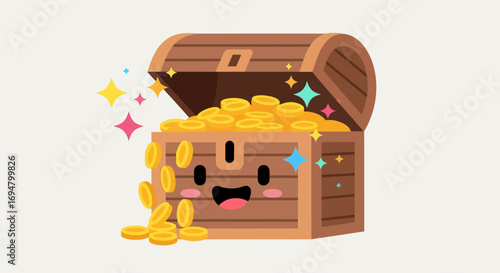 Happy wooden chest overflowing with gold coins, sparkling with magical glitter.