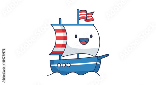 Cheerful cartoon sailboat with red and white striped sail, blue hull, and happy face.