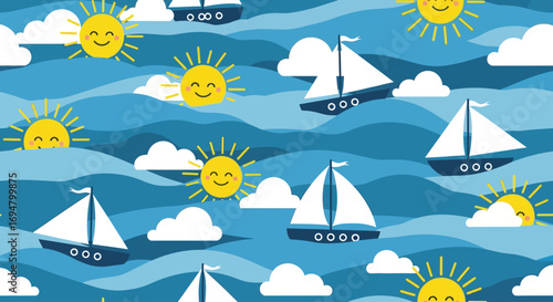A cheerful seamless pattern of cartoon sailboats on blue waves with smiling suns and white clouds.