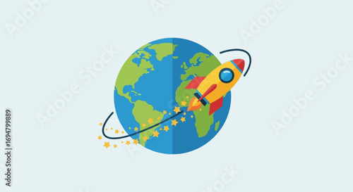 A colorful cartoon rocket ship with a fiery trail launching into orbit around the planet Earth.