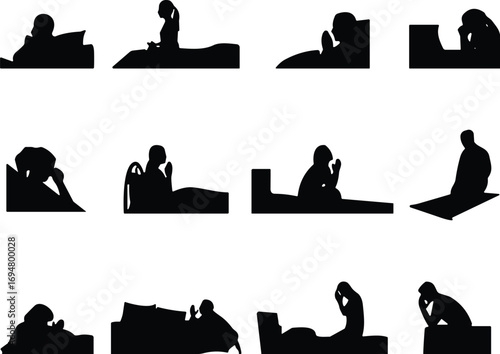 Prayer silhouette collection, kneeling and sitting poses, spiritual reflection icons, black vector illustration, meditation, faith, emotional devotion design