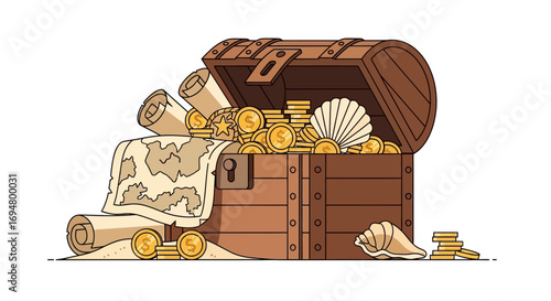 An overflowing wooden treasure chest filled with gold coins, ancient maps, and seashells, suggesting adventure and discovery.
