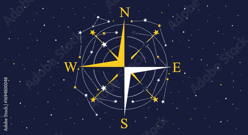 A stylized compass rose with cardinal directions and constellations against a starry night sky, symbolizing navigation and cosmic exploration.