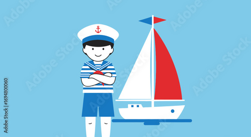 A cheerful cartoon sailor boy stands proudly beside a small, colorful sailboat against a clear blue background, ready for nautical adventures.