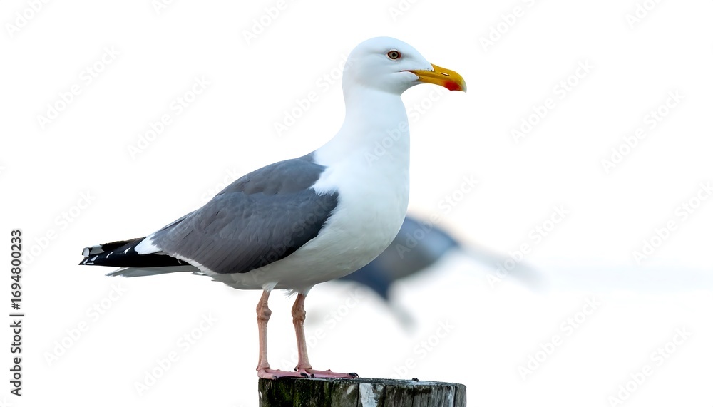 Obraz premium A seagull perched on a post. Close-up, soft background