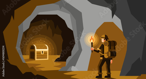 Adventurer with torch and backpack discovers glowing treasure chest deep within a dark, rocky cave.