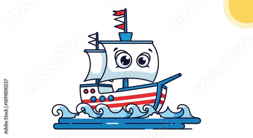 A charming cartoon sailing ship with large expressive eyes navigates through choppy blue waves under a bright yellow sun.