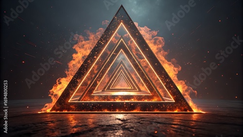 Glowing fire triangles mystical tunnel through burning flame illusion digital artwork dark background