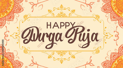 Artistic Happy Durga Puja Cursive Calligraphy. A sophisticated vector illustration featuring artistic cursive calligraphy of "Happy Durga Puja. 