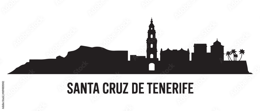 Fototapeta premium Santa Cruz de Tenerife skyline horizontal banner. Santa Cruz de Tenerife, Spain. Vector black silhouette. with white background