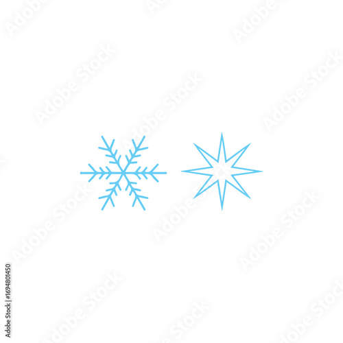 Two simple, outlined light blue snowflakes against a white background.This image features two distinct snowflake designs, one classic and the other a star-like variation, both in a light, cool blue ou
