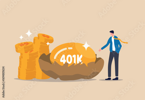 Retirement 401K investment, tax defer mutual fund for salary man financial success concept, happy young businessman investor stand with wealthy golden egg with word 401K and dollar money coin stack.