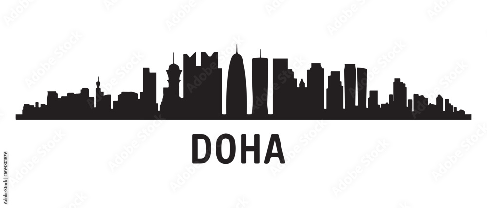 Obraz premium Panoramic View of Downtown Doha Skyline. Doha city black silhouette skyscrapers and buildings. Long cityscape. Vector black silhouette. with white background