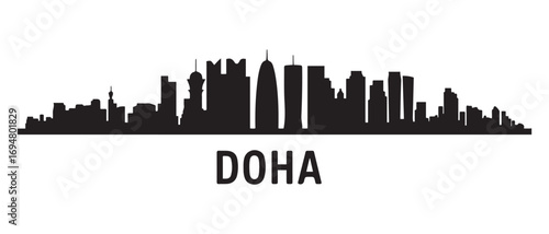 Panoramic View of Downtown Doha Skyline. Doha city black silhouette skyscrapers and buildings. Long cityscape. Vector black silhouette. with white background