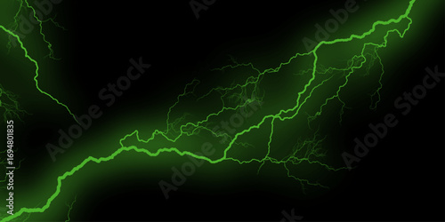 Green, white Marble Texture Template Background. Brilliant streaks of green lightning illuminate dark expanse with electric thunder dramatic display. Lightning bolt. thunder lighting on black bg.