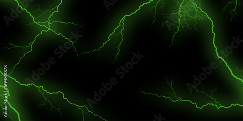 Green, white Marble Texture Template Background. Brilliant streaks of green lightning illuminate dark expanse with electric thunder dramatic display. Lightning bolt. thunder lighting on black bg.