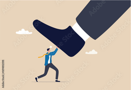 Unfair competition, cheating or using authority and power to abuse competitor, violence, conflict or employee fight concept, small employee trying to push back giant boss or competitor big feet
