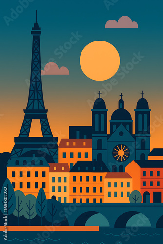 Iconic Parisian skyline featuring the Eiffel Tower, Notre Dame Cathedral, and the Seine River at sunset, capturing the romantic essence of the City of Lights