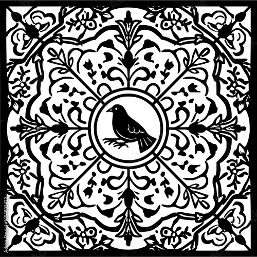 Black and white decorative square panel featuring a bird in a circle with floral ornaments around it