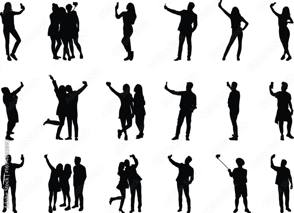 Obraz premium Selfie silhouette, smartphone pose, social media icon, group interaction, black vector, mobile photography, expression, lifestyle, technology