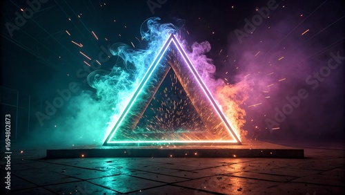 Abstract glowing neon triangle with vibrant colors and smoke effects creating an immersive and futuristic design.