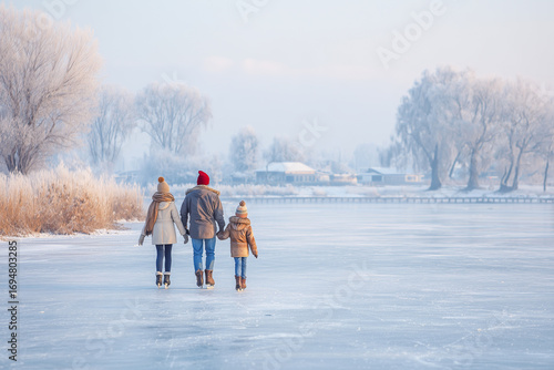 Family ice skating on frozen lake, bundled in cozy winter clothes, non-christmas seasonal scene