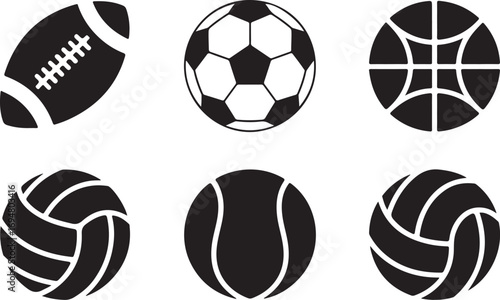 Sports Ball Icon Set Featuring Football, Soccer Ball, Basketball, and Volleyball on Transparent
