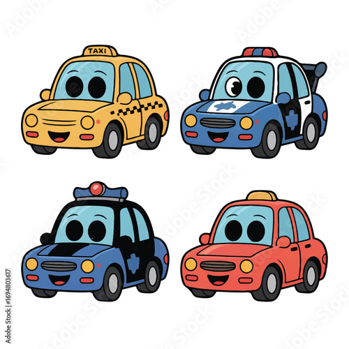 Cute cartoon cars including a taxi and police cars with happy faces, isolated on white background