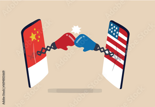 United States and China technology war, 2 countries compete to be leader of tech company, cold war sanctions and tariff concept, digital mobile phone with US and China flag fighting with boxing gloves